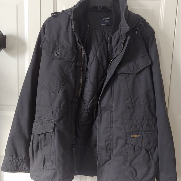 Abercrombie Charcoal Military Quilted Hoody Winter Jacket - Zip & Pull String - Picture 15 of 15